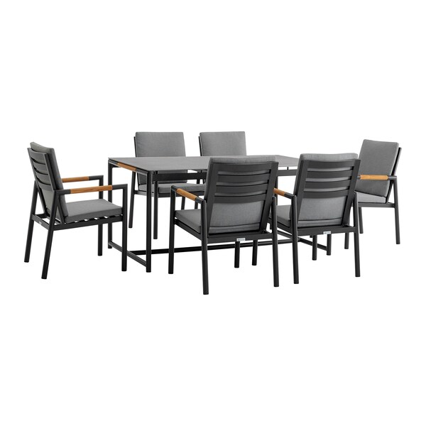 Armen Living Royal 7 Piece Black Aluminum and Teak Outdoor Dining Set with Dark Gray Fabric 840254332843 - main